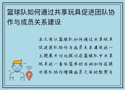 篮球队如何通过共享玩具促进团队协作与成员关系建设